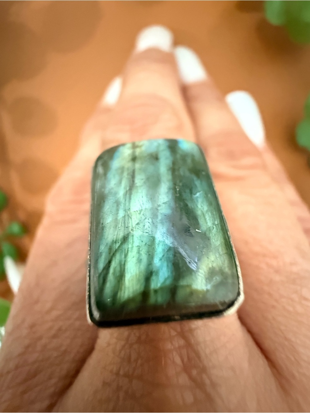 Green Labradorite Sterling Silver Rectangle Ring - Unbranded View 4